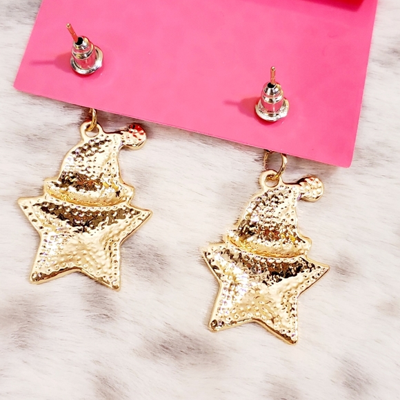 Gold plated crystal yellow red and white Christmas Santa Hat star earrings - Picture 5 of 12